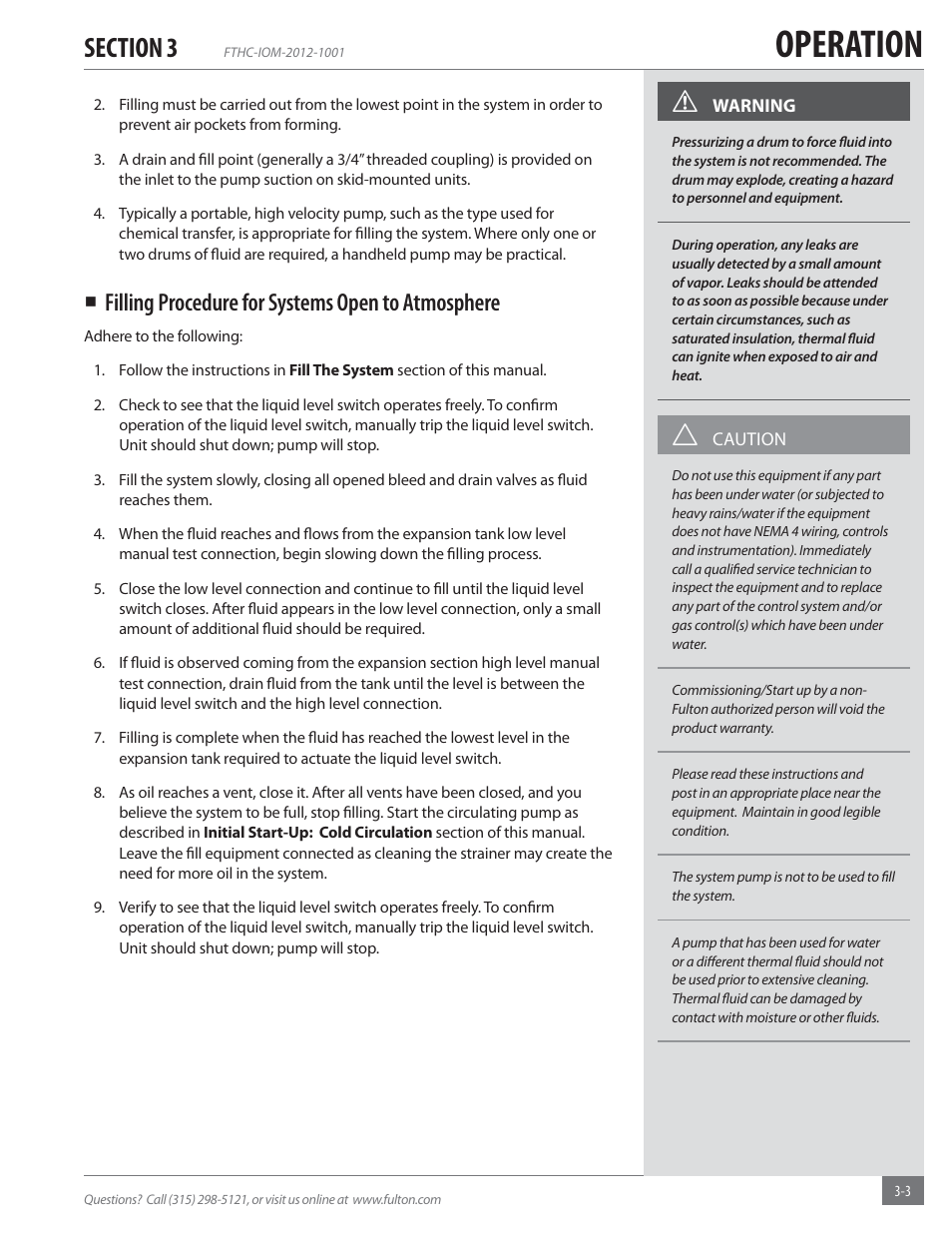 Operation, Filling procedure for systems open to atmosphere | Fulton Alliance (FT-HC) Horizontal Coil Thermal Fluid (hot oil) Heater User Manual | Page 39 / 88