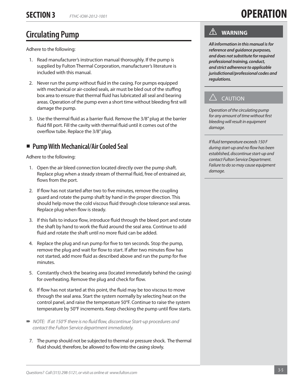 Operation, Circulating pump, Pump with mechanical/air cooled seal | Fulton Alliance (FT-HC) Horizontal Coil Thermal Fluid (hot oil) Heater User Manual | Page 41 / 88