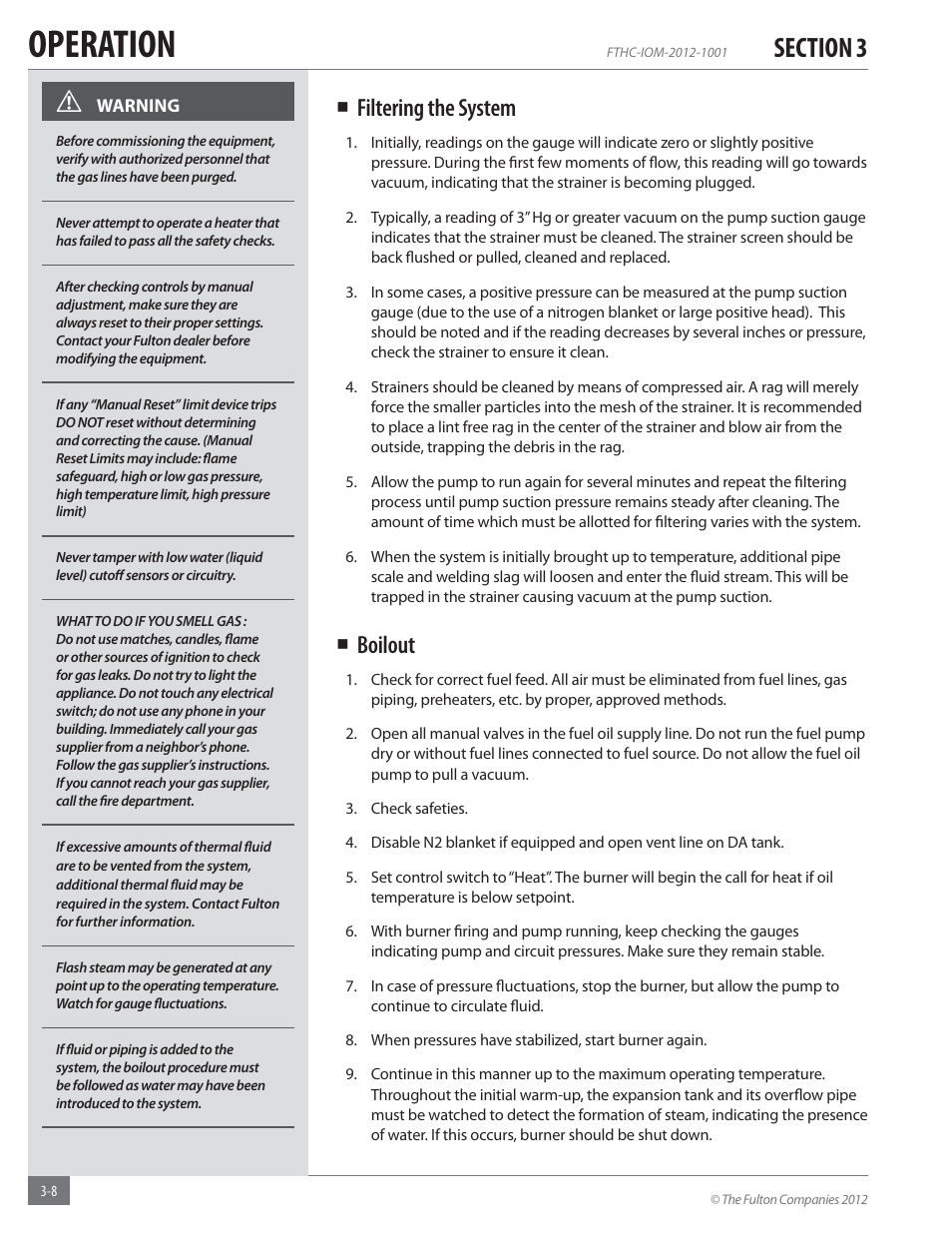 Operation, Filtering the system, Boilout | Fulton Alliance (FT-HC) Horizontal Coil Thermal Fluid (hot oil) Heater User Manual | Page 44 / 88