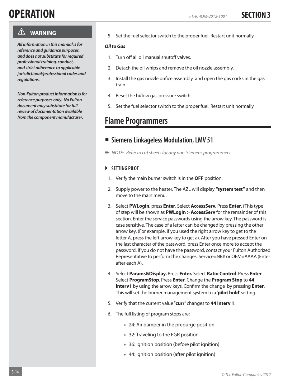 Operation, Flame programmers, Siemens linkageless modulation, lmv 51 | Fulton Alliance (FT-HC) Horizontal Coil Thermal Fluid (hot oil) Heater User Manual | Page 50 / 88