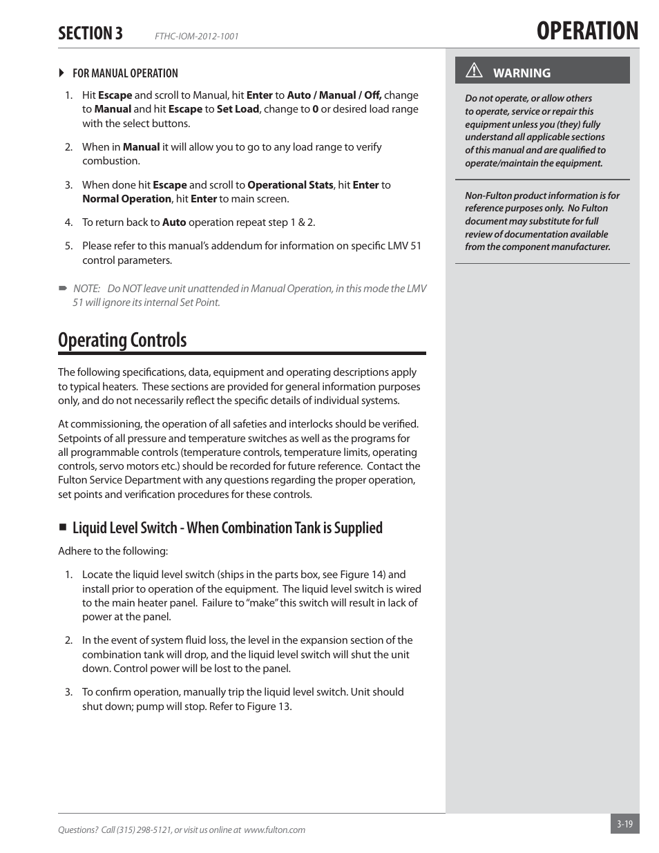 Operation, Operating controls | Fulton Alliance (FT-HC) Horizontal Coil Thermal Fluid (hot oil) Heater User Manual | Page 55 / 88