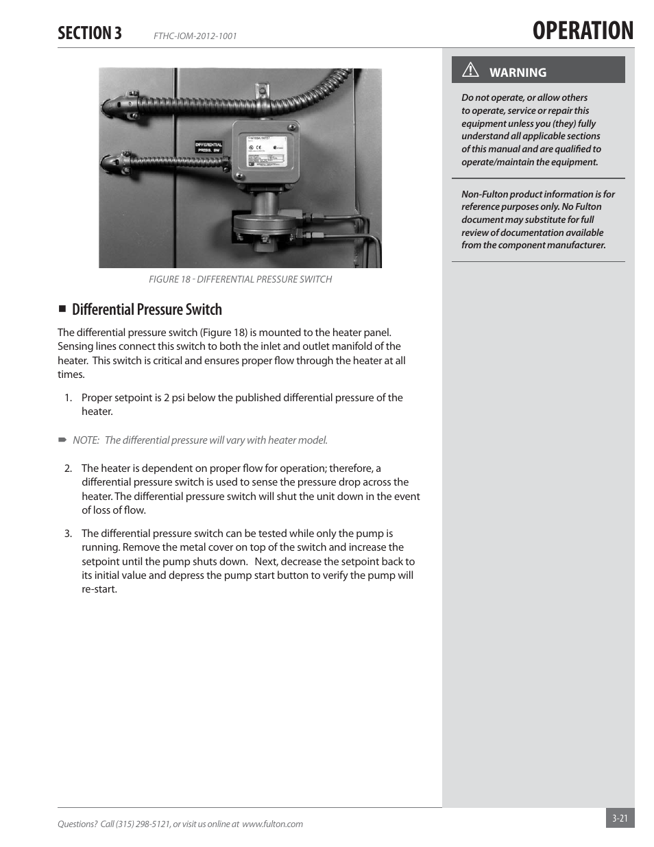 Operation, Diﬀ erential pressure switch | Fulton Alliance (FT-HC) Horizontal Coil Thermal Fluid (hot oil) Heater User Manual | Page 57 / 88