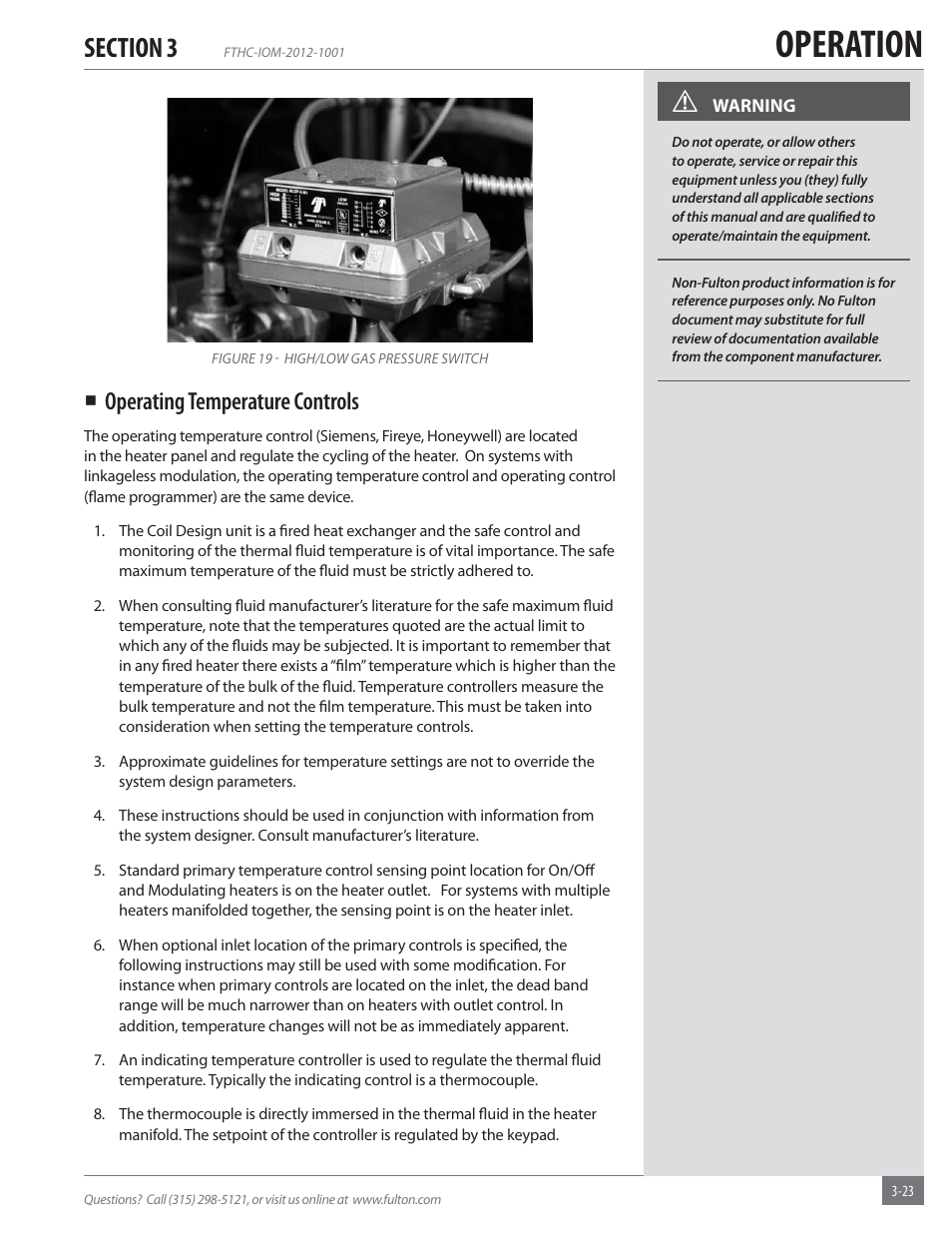 Operation, Operating temperature controls | Fulton Alliance (FT-HC) Horizontal Coil Thermal Fluid (hot oil) Heater User Manual | Page 59 / 88