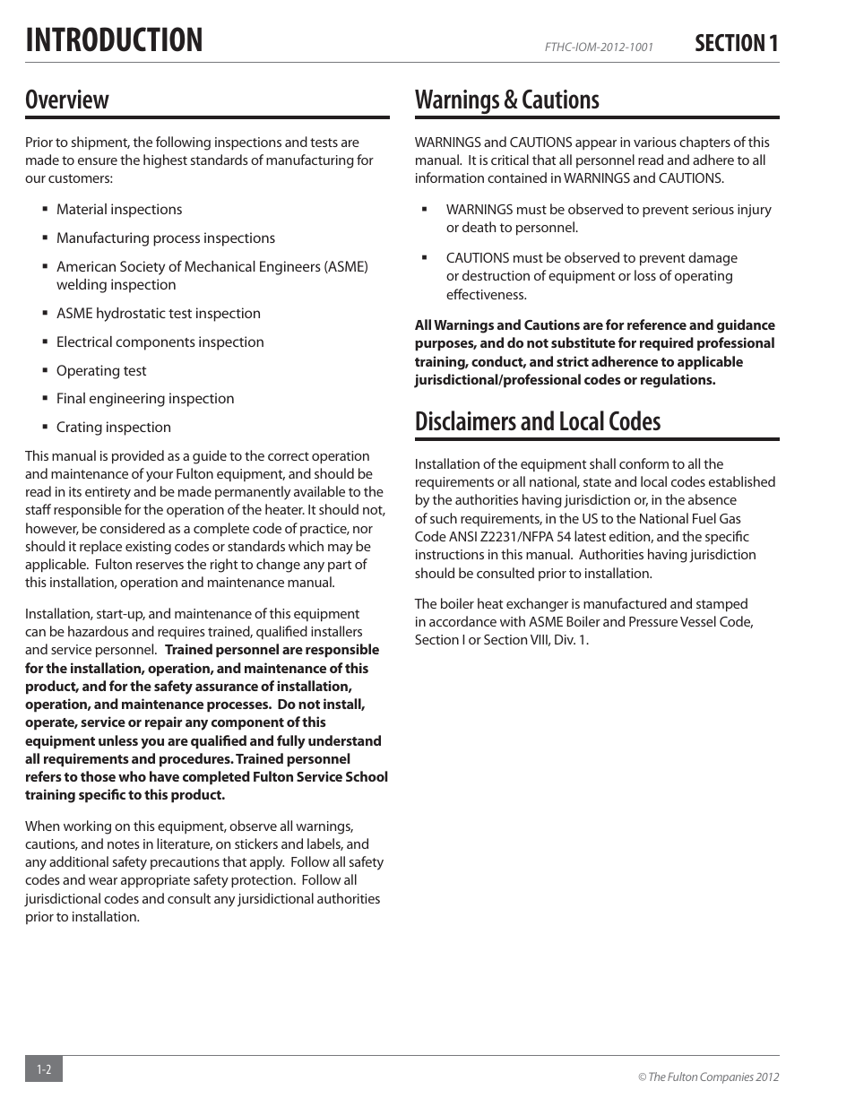 Introduction, Overview, Warnings & cautions | Disclaimers and local codes | Fulton Alliance (FT-HC) Horizontal Coil Thermal Fluid (hot oil) Heater User Manual | Page 6 / 88