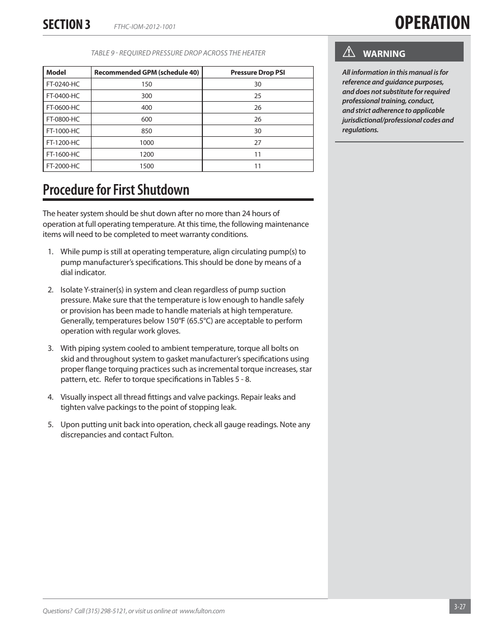 Operation, Procedure for first shutdown | Fulton Alliance (FT-HC) Horizontal Coil Thermal Fluid (hot oil) Heater User Manual | Page 63 / 88