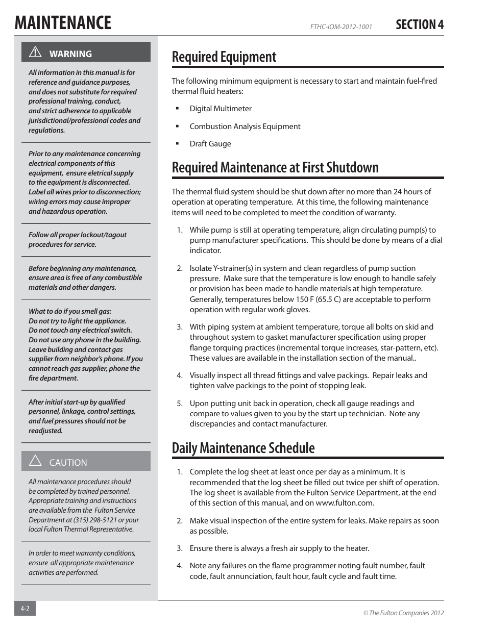 Maintenance, Required equipment, Required maintenance at first shutdown | Daily maintenance schedule | Fulton Alliance (FT-HC) Horizontal Coil Thermal Fluid (hot oil) Heater User Manual | Page 66 / 88