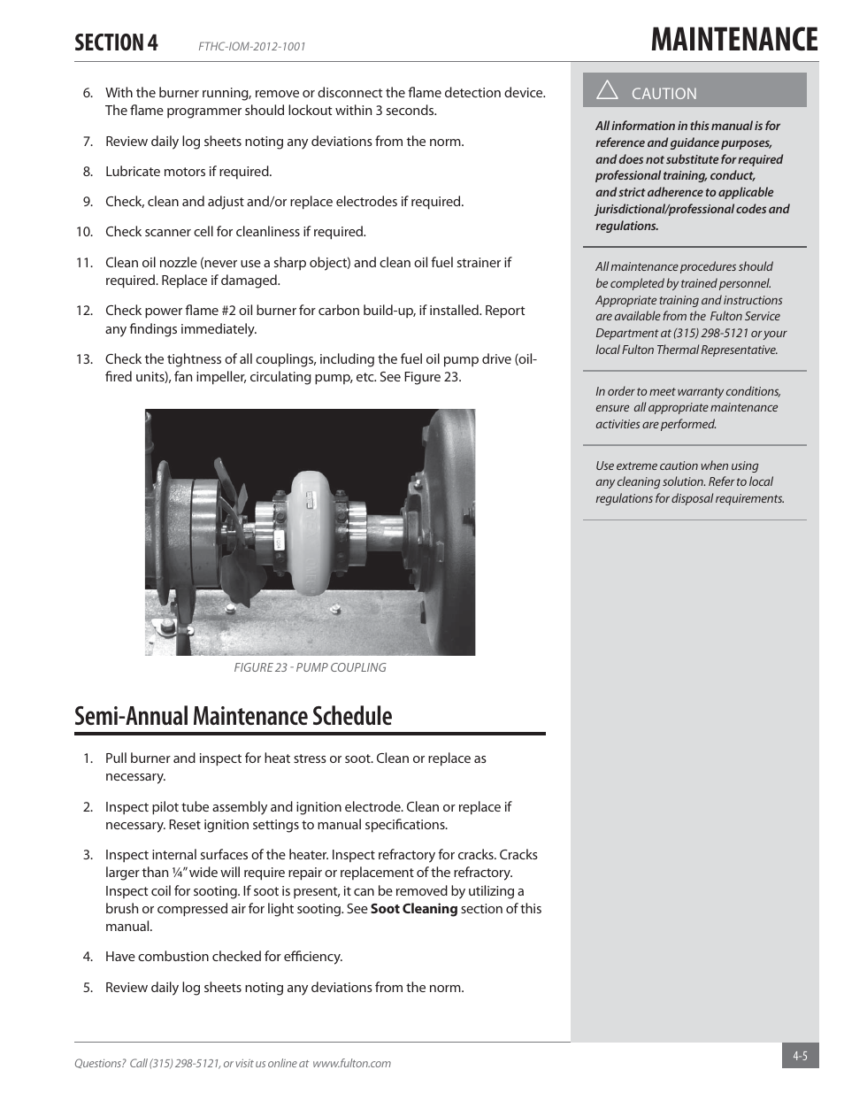 Maintenance, Semi-annual maintenance schedule | Fulton Alliance (FT-HC) Horizontal Coil Thermal Fluid (hot oil) Heater User Manual | Page 69 / 88