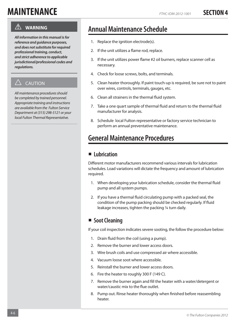 Maintenance, Annual maintenance schedule, General maintenance procedures | Lubrication, Soot cleaning | Fulton Alliance (FT-HC) Horizontal Coil Thermal Fluid (hot oil) Heater User Manual | Page 70 / 88