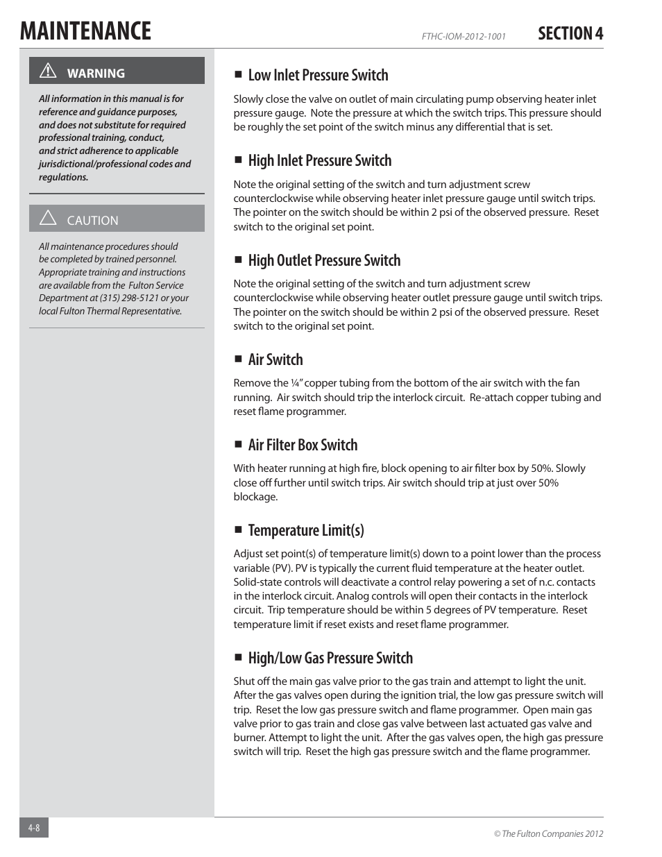 Maintenance | Fulton Alliance (FT-HC) Horizontal Coil Thermal Fluid (hot oil) Heater User Manual | Page 72 / 88