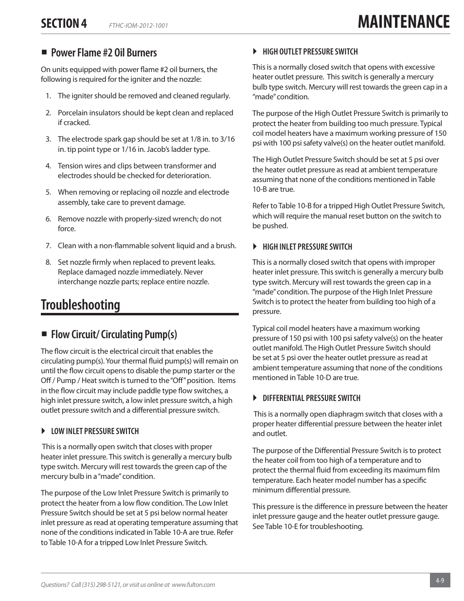 Maintenance, Troubleshooting, Power flame #2 oil burners | Flow circuit/ circulating pump(s) | Fulton Alliance (FT-HC) Horizontal Coil Thermal Fluid (hot oil) Heater User Manual | Page 73 / 88