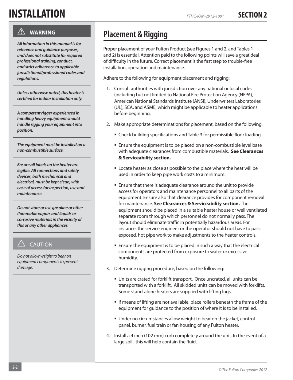 Installation, Placement & rigging | Fulton Alliance (FT-HC) Horizontal Coil Thermal Fluid (hot oil) Heater User Manual | Page 8 / 88