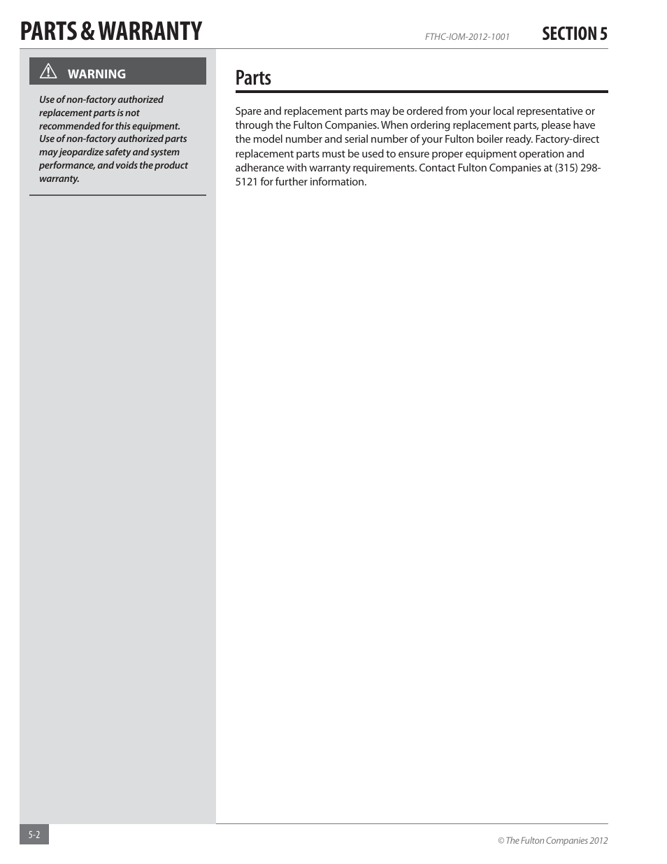 Parts & warranty, Parts | Fulton Alliance (FT-HC) Horizontal Coil Thermal Fluid (hot oil) Heater User Manual | Page 84 / 88