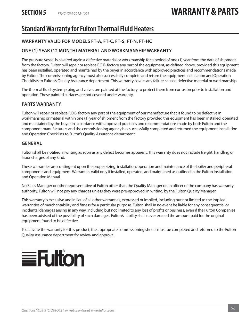Warranty & parts, Standard warranty for fulton thermal fluid heaters | Fulton Alliance (FT-HC) Horizontal Coil Thermal Fluid (hot oil) Heater User Manual | Page 85 / 88