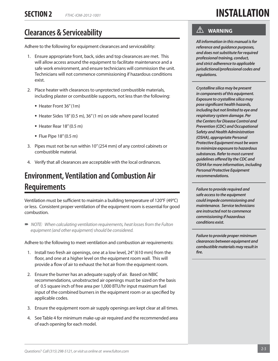 Installation, Clearances & serviceability | Fulton Alliance (FT-HC) Horizontal Coil Thermal Fluid (hot oil) Heater User Manual | Page 9 / 88