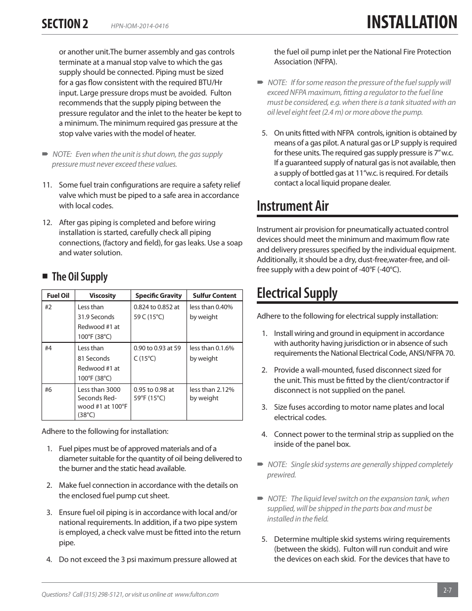 Installation, Instrument air, Electrical supply | The oil supply | Fulton Hopkins (HPN) Horizontal Coil Thermal Fluid (hot oil) Heater User Manual | Page 13 / 84