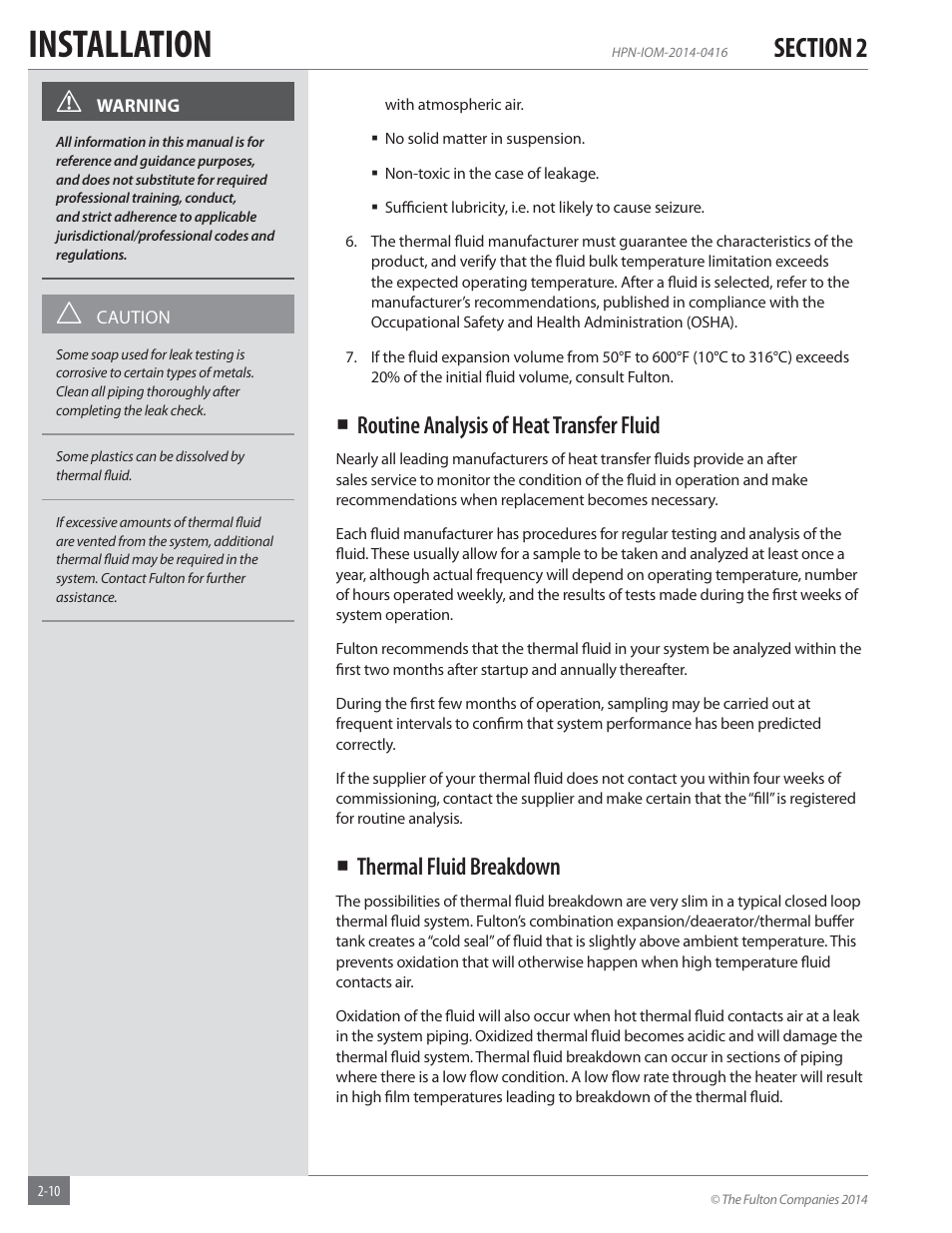 Installation, Routine analysis of heat transfer fluid, Thermal fluid breakdown | Fulton Hopkins (HPN) Horizontal Coil Thermal Fluid (hot oil) Heater User Manual | Page 16 / 84