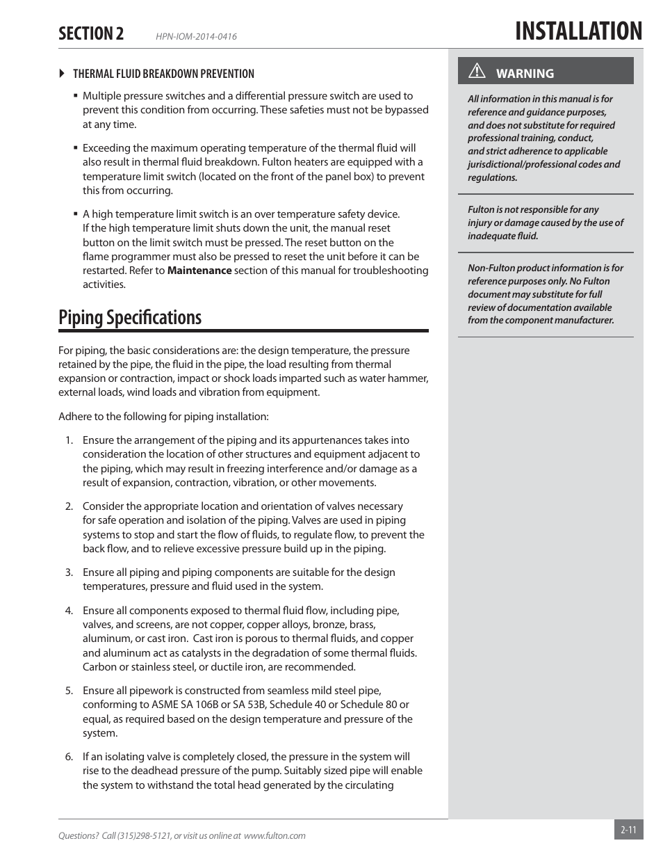 Installation, Piping speciﬁ cations | Fulton Hopkins (HPN) Horizontal Coil Thermal Fluid (hot oil) Heater User Manual | Page 17 / 84