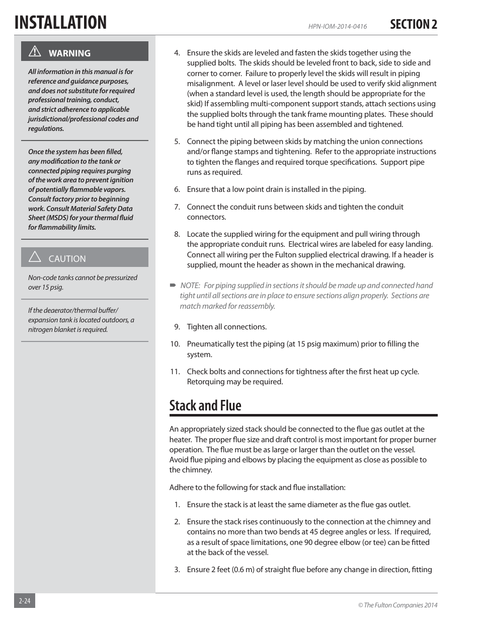 Installation, Stack and flue | Fulton Hopkins (HPN) Horizontal Coil Thermal Fluid (hot oil) Heater User Manual | Page 30 / 84