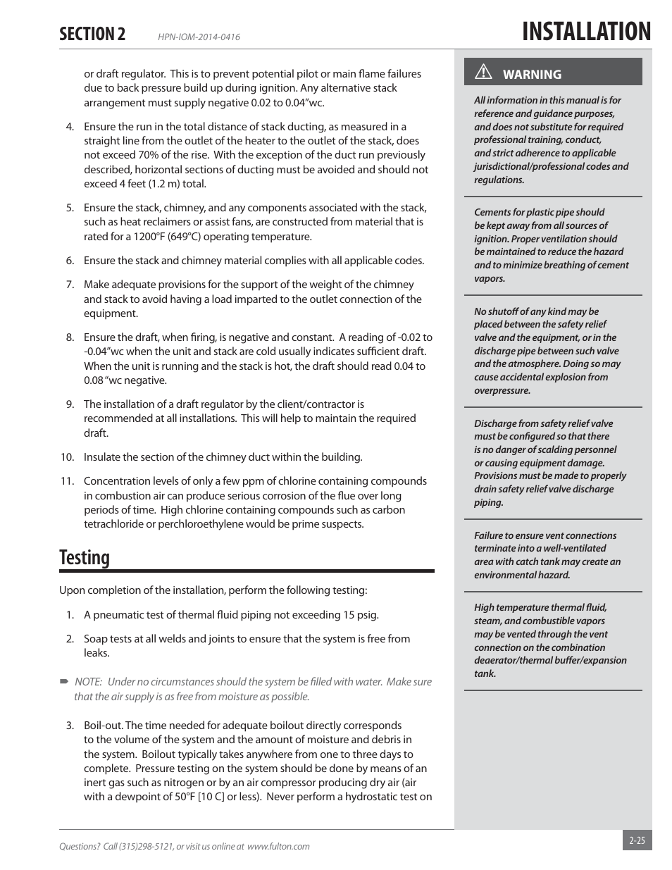 Installation, Testing | Fulton Hopkins (HPN) Horizontal Coil Thermal Fluid (hot oil) Heater User Manual | Page 31 / 84