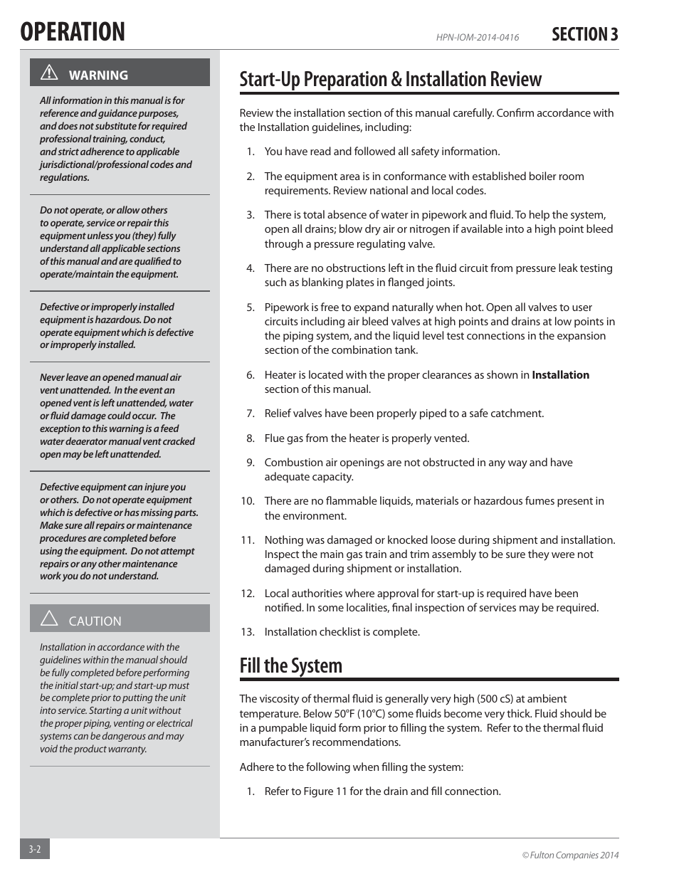 Operation, Start-up preparation & installation review, Fill the system | Fulton Hopkins (HPN) Horizontal Coil Thermal Fluid (hot oil) Heater User Manual | Page 34 / 84