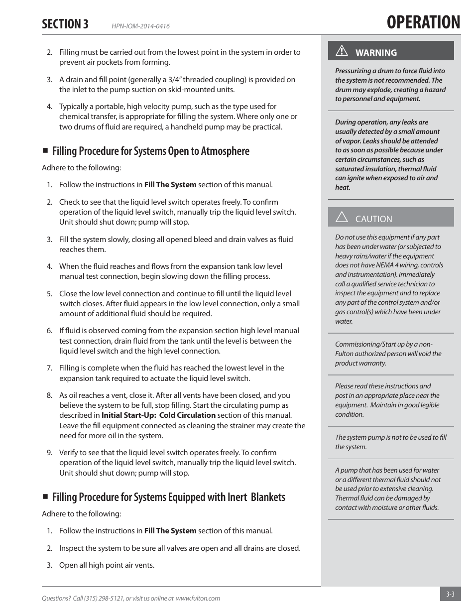 Operation, Filling procedure for systems open to atmosphere | Fulton Hopkins (HPN) Horizontal Coil Thermal Fluid (hot oil) Heater User Manual | Page 35 / 84