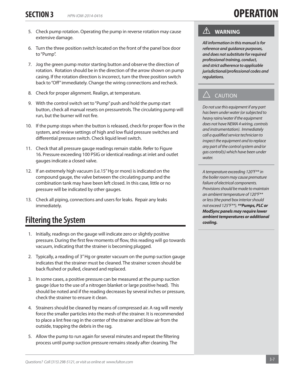 Operation, Filtering the system | Fulton Hopkins (HPN) Horizontal Coil Thermal Fluid (hot oil) Heater User Manual | Page 39 / 84