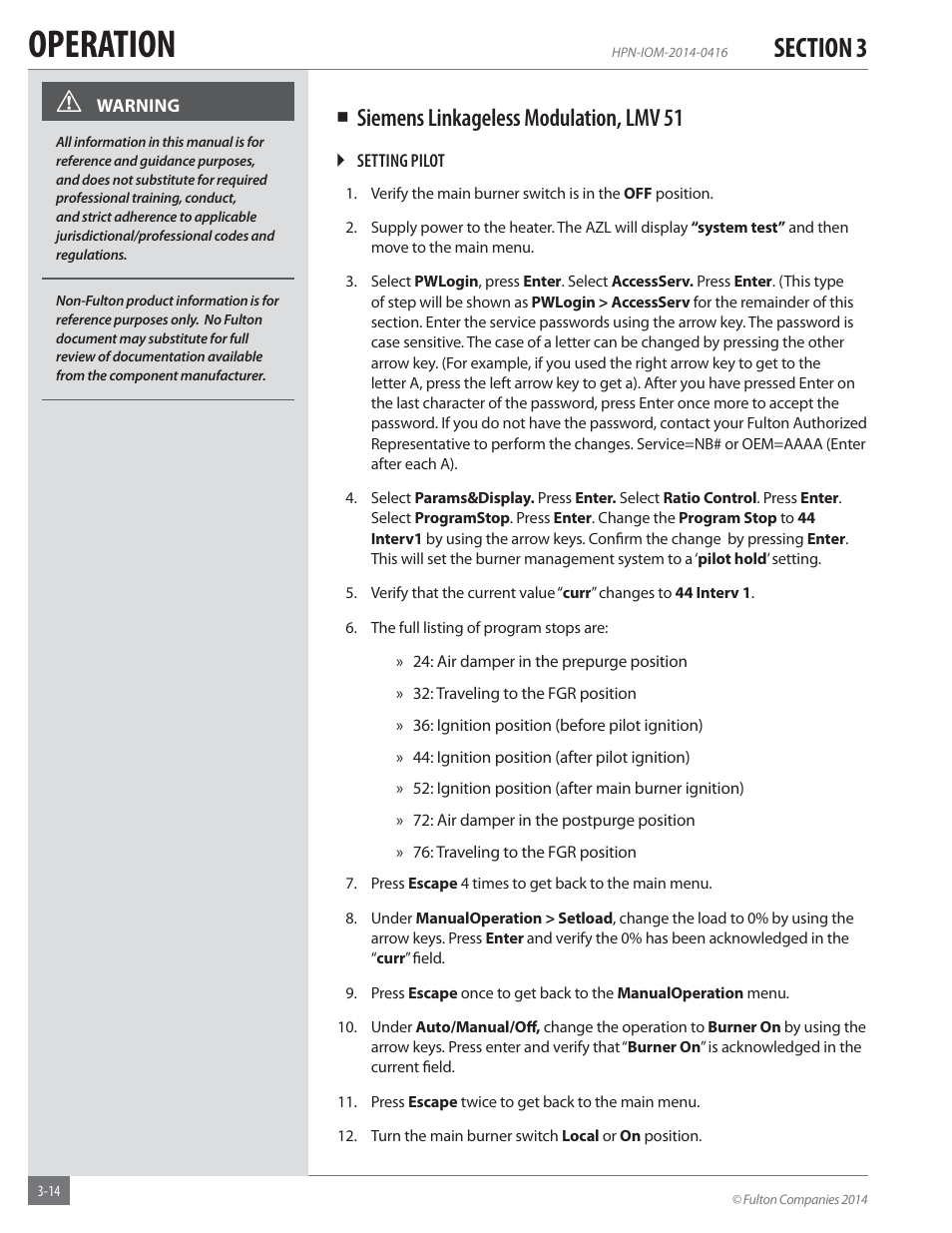 Operation, Siemens linkageless modulation, lmv 51 | Fulton Hopkins (HPN) Horizontal Coil Thermal Fluid (hot oil) Heater User Manual | Page 46 / 84