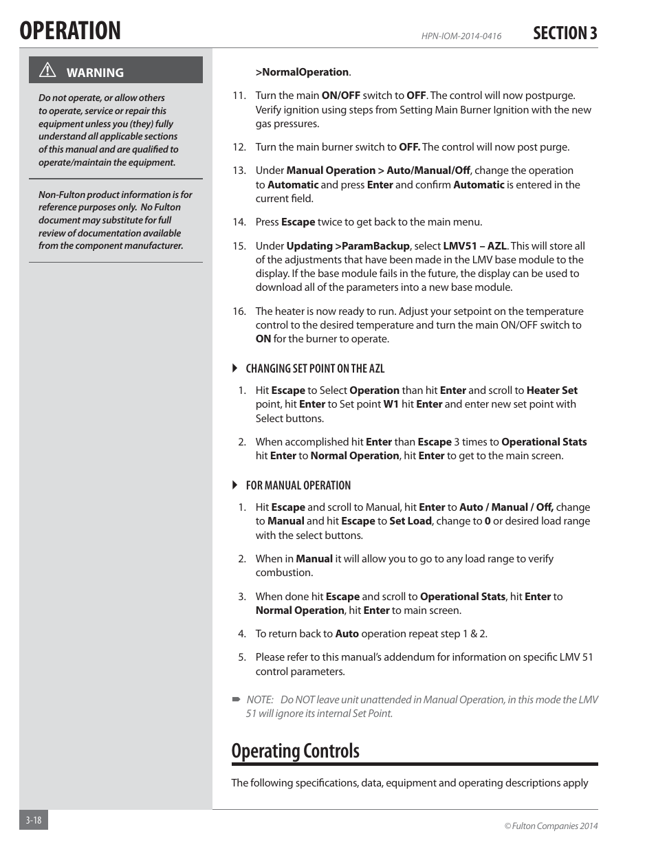 Operation, Operating controls | Fulton Hopkins (HPN) Horizontal Coil Thermal Fluid (hot oil) Heater User Manual | Page 50 / 84