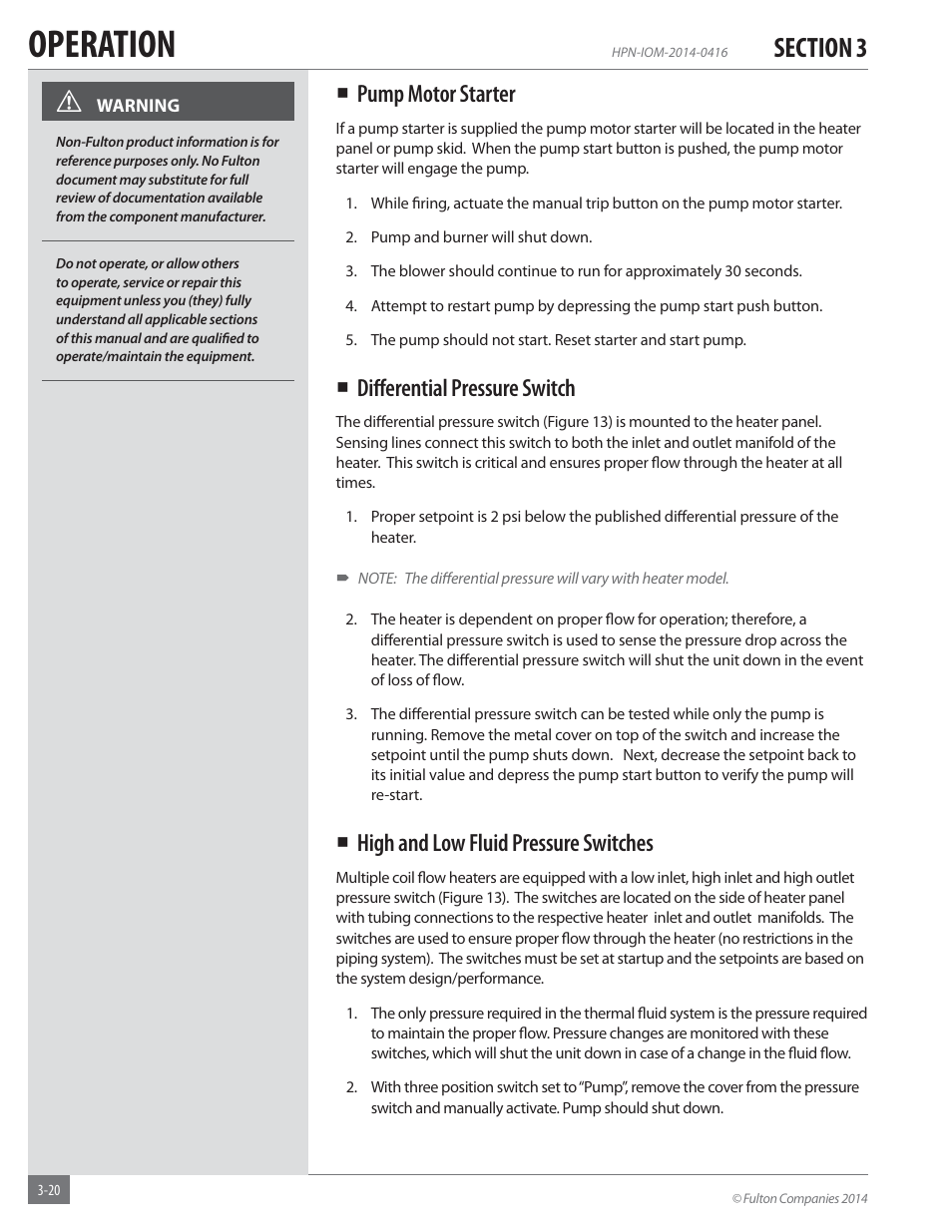 Operation, Pump motor starter, Diﬀ erential pressure switch | High and low fluid pressure switches | Fulton Hopkins (HPN) Horizontal Coil Thermal Fluid (hot oil) Heater User Manual | Page 52 / 84