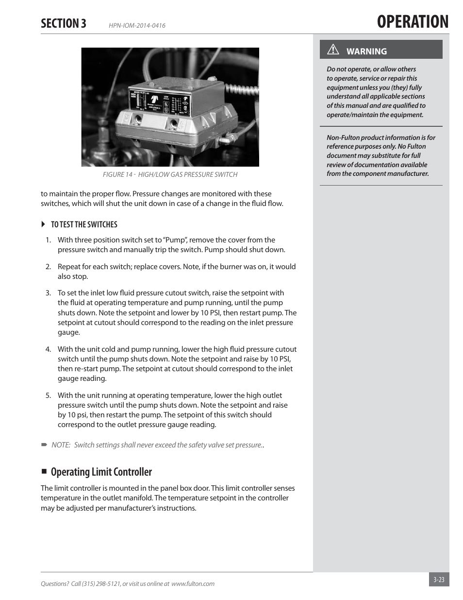 Operation, Operating limit controller | Fulton Hopkins (HPN) Horizontal Coil Thermal Fluid (hot oil) Heater User Manual | Page 55 / 84