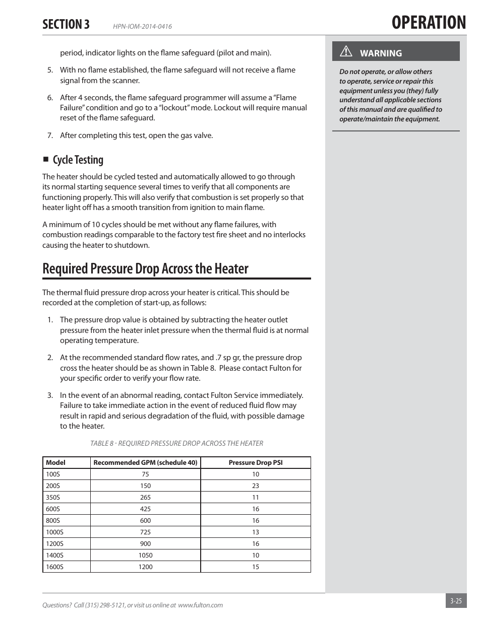 Operation, Required pressure drop across the heater, Cycle testing | Fulton Hopkins (HPN) Horizontal Coil Thermal Fluid (hot oil) Heater User Manual | Page 57 / 84