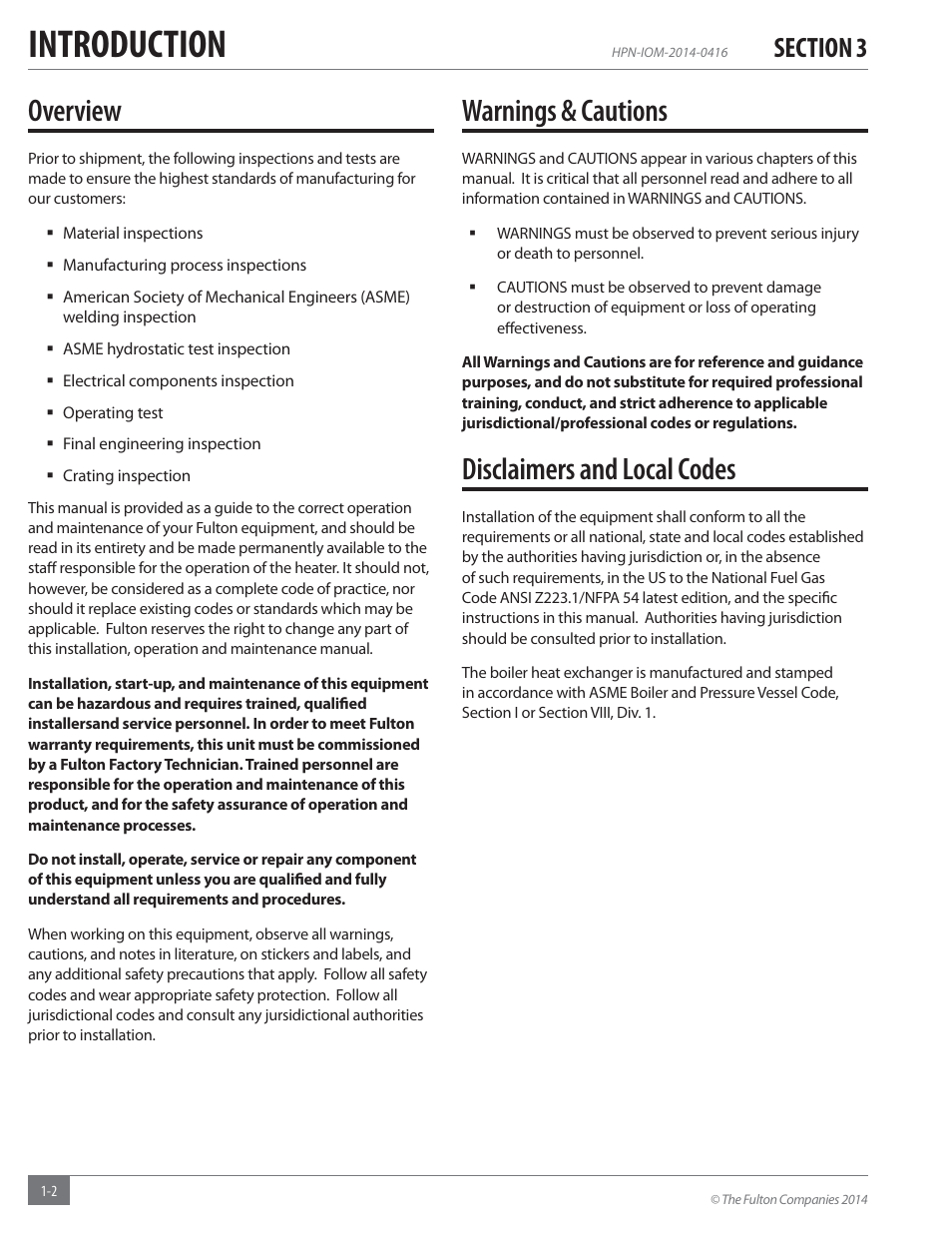 Introduction, Overview, Warnings & cautions | Disclaimers and local codes | Fulton Hopkins (HPN) Horizontal Coil Thermal Fluid (hot oil) Heater User Manual | Page 6 / 84