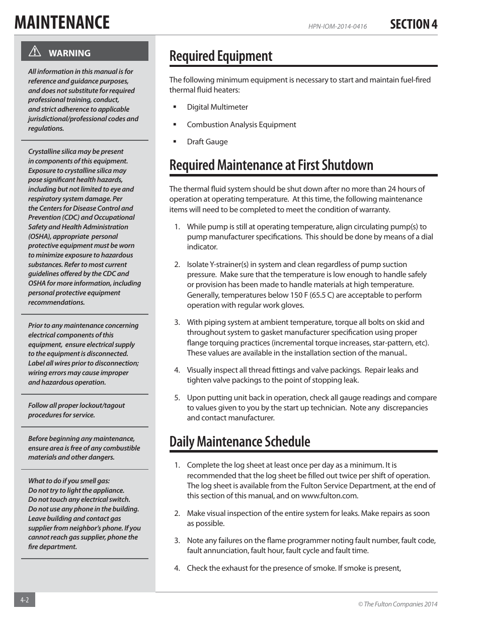 Maintenance, Required equipment, Required maintenance at first shutdown | Daily maintenance schedule | Fulton Hopkins (HPN) Horizontal Coil Thermal Fluid (hot oil) Heater User Manual | Page 62 / 84