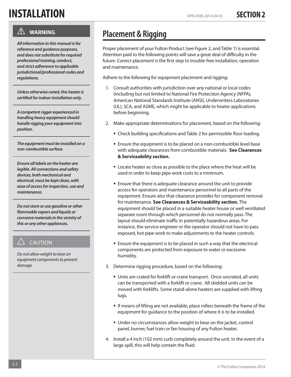 Installation, Placement & rigging | Fulton Hopkins (HPN) Horizontal Coil Thermal Fluid (hot oil) Heater User Manual | Page 8 / 84