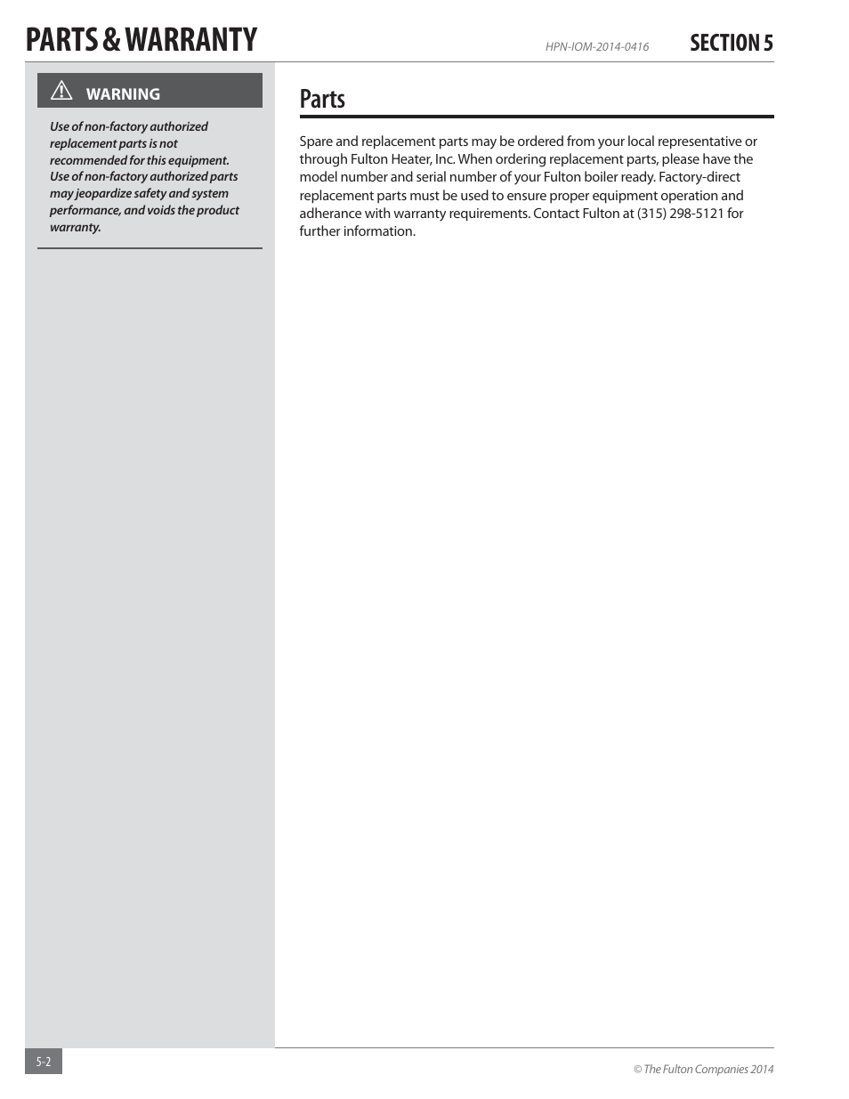 Parts & warranty, Parts | Fulton Hopkins (HPN) Horizontal Coil Thermal Fluid (hot oil) Heater User Manual | Page 80 / 84