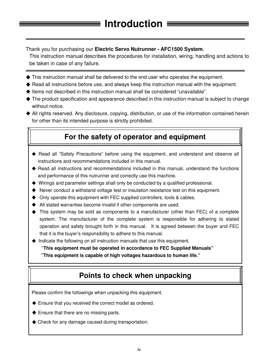 Introduction, For the safety of operator and equipment, Points to check when unpacking | FEC AFC1500 User Manual | Page 4 / 14