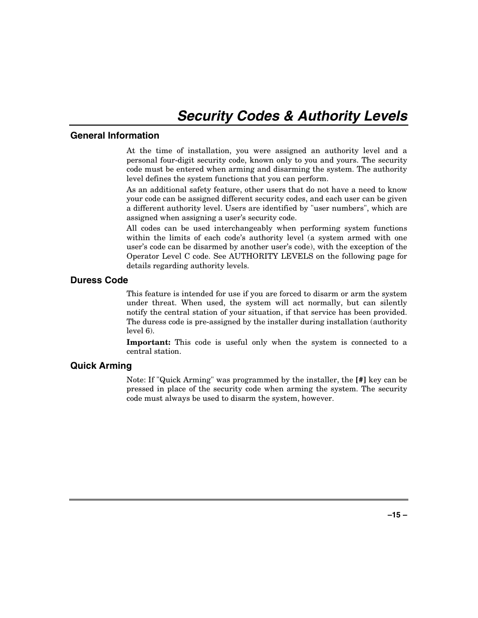 Security codes & authority levels | FIREPOWER Vista 32-128FB User Manual | Page 15 / 72