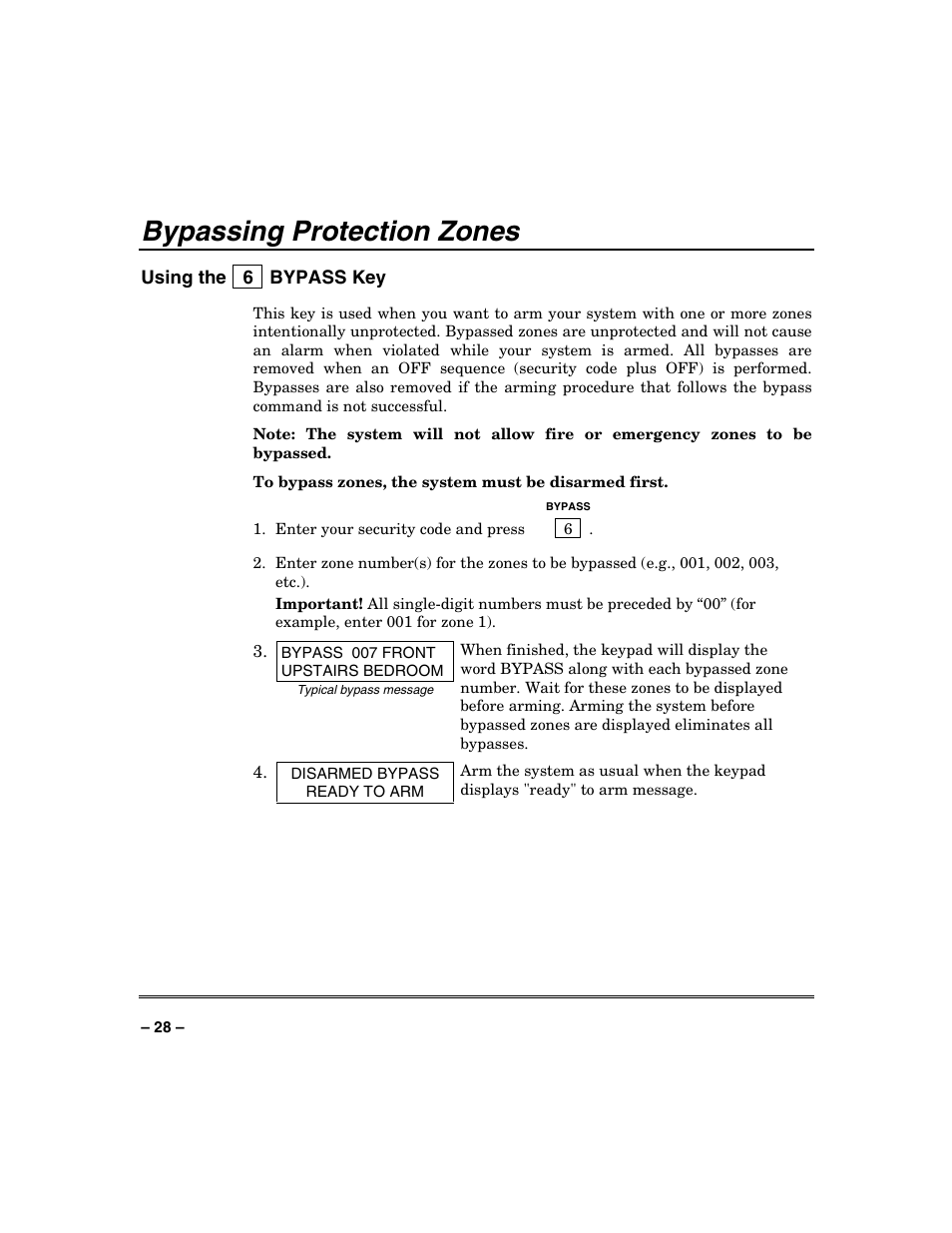 Bypassing protection zones | FIREPOWER Vista 32-128FB User Manual | Page 28 / 72