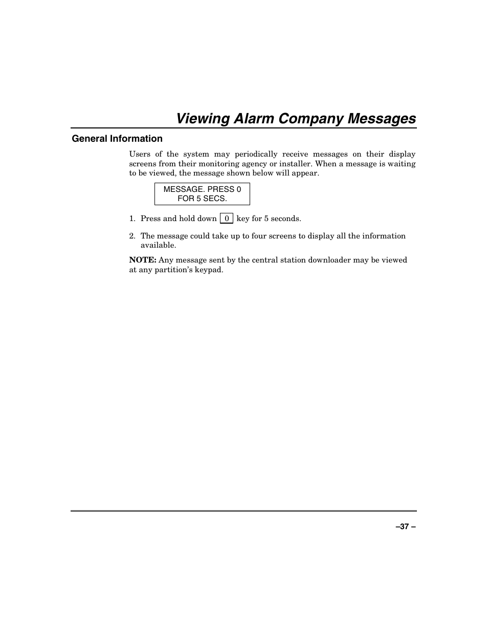 Viewing alarm company messages | FIREPOWER Vista 32-128FB User Manual | Page 37 / 72