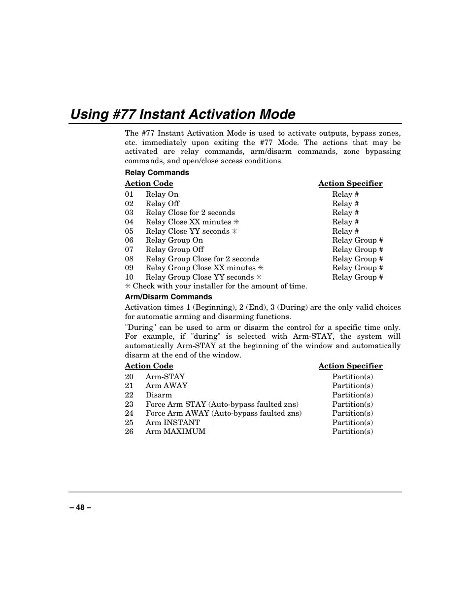 Using #77 instant activation mode | FIREPOWER Vista 32-128FB User Manual | Page 48 / 72