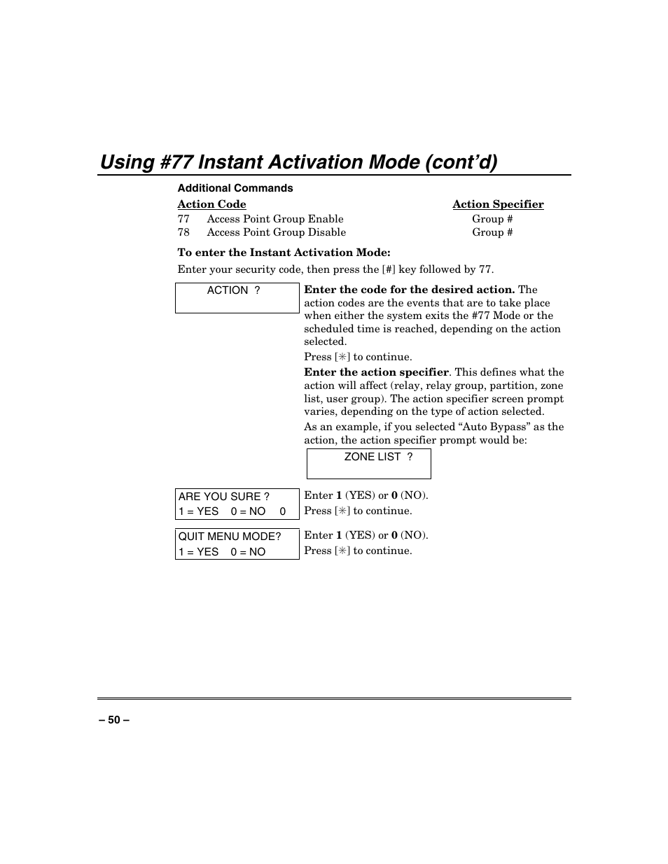 Using #77 instant activation mode (cont’d) | FIREPOWER Vista 32-128FB User Manual | Page 50 / 72