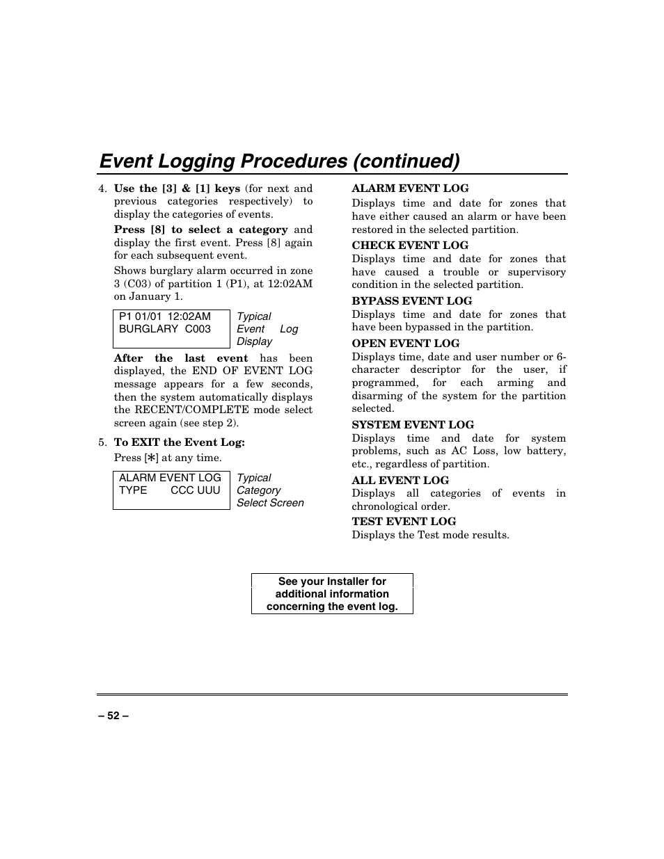 Event logging procedures (continued) | FIREPOWER Vista 32-128FB User Manual | Page 52 / 72