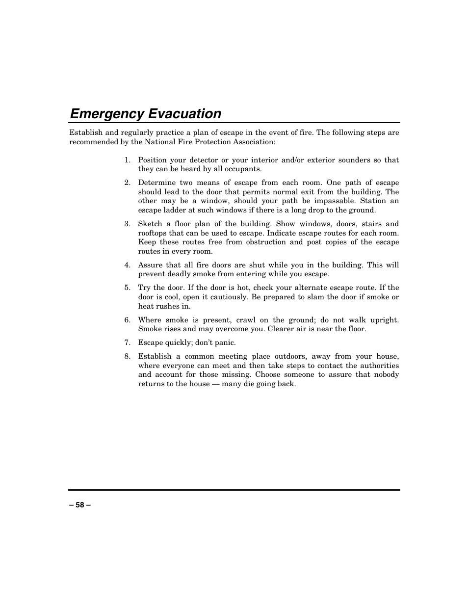 Emergency evacuation | FIREPOWER Vista 32-128FB User Manual | Page 58 / 72
