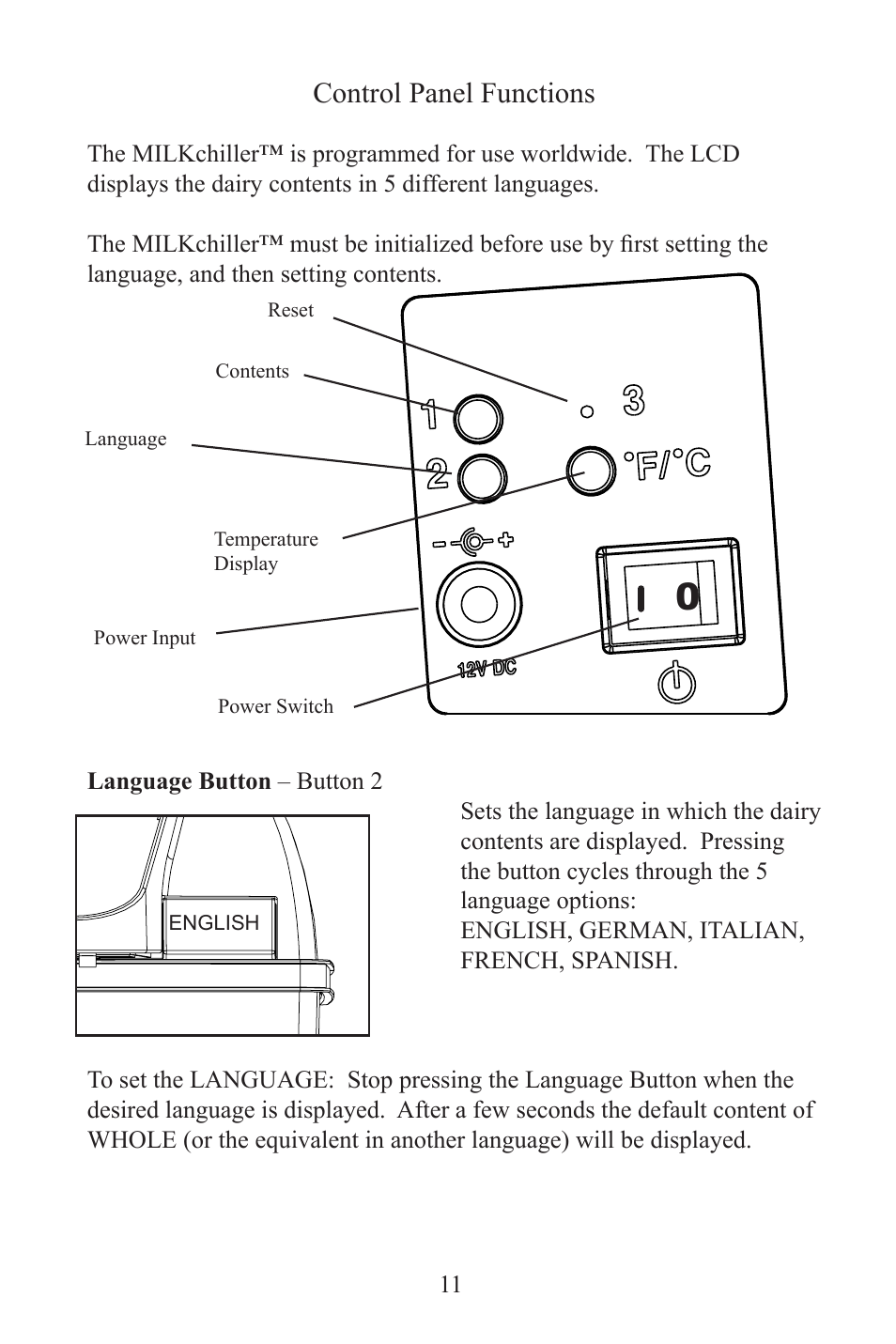 Control panel functions | Frieling MILKchiller™ 0601 User Manual | Page 11 / 25