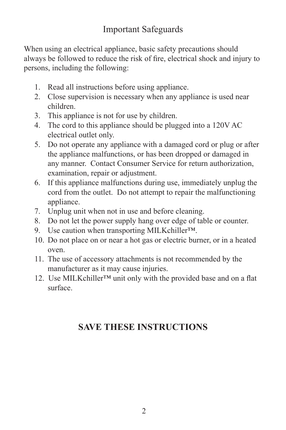 Important safeguards, Save these instructions | Frieling MILKchiller™ 0601 User Manual | Page 2 / 25
