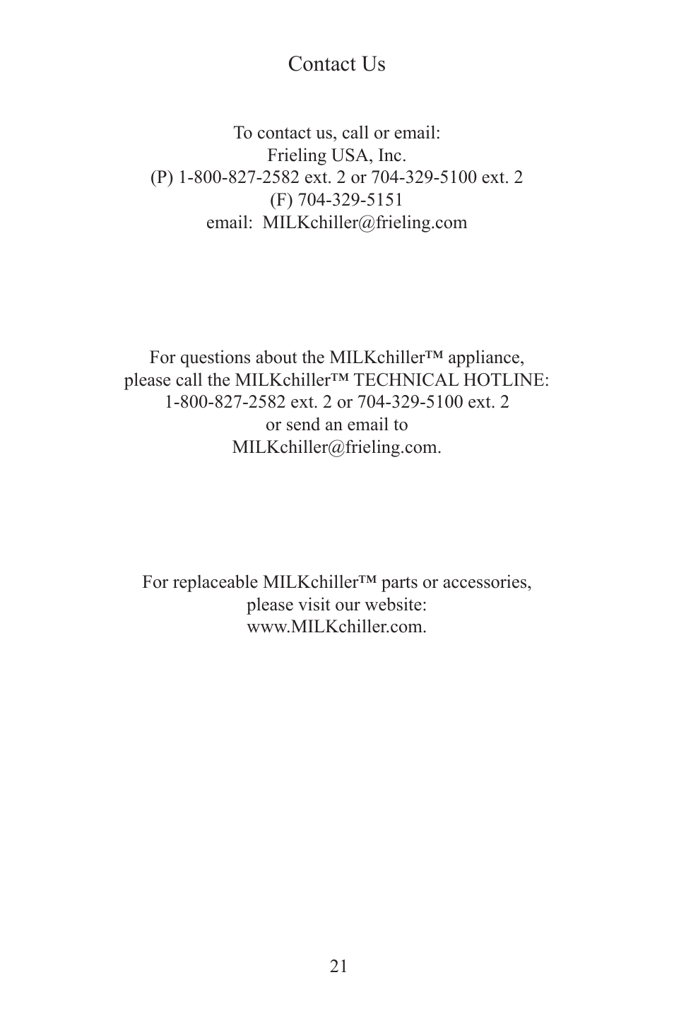 Contact us | Frieling MILKchiller™ 0601 User Manual | Page 21 / 25