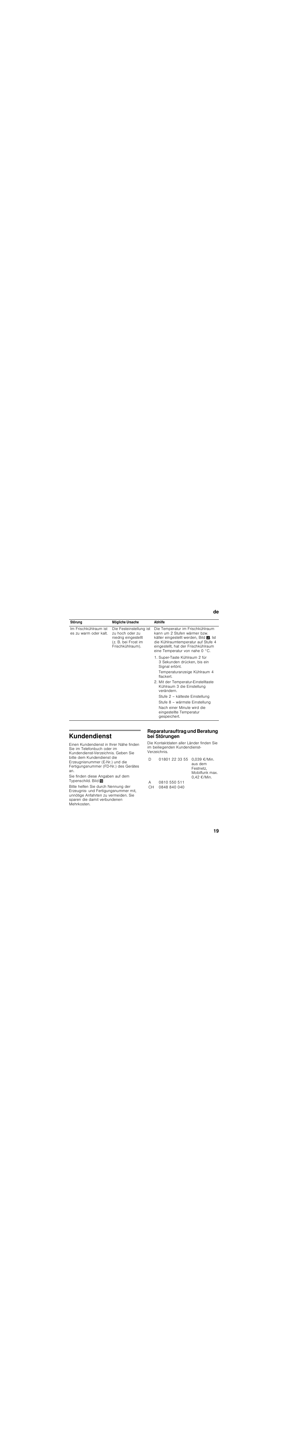 Kundendienst, Reparaturauftrag und beratung bei störungen | Bosch KIF42P60 CoolProfessional Frigorifero monoporta VitaFresh Porta con cerniera piatta User Manual | Page 19 / 86
