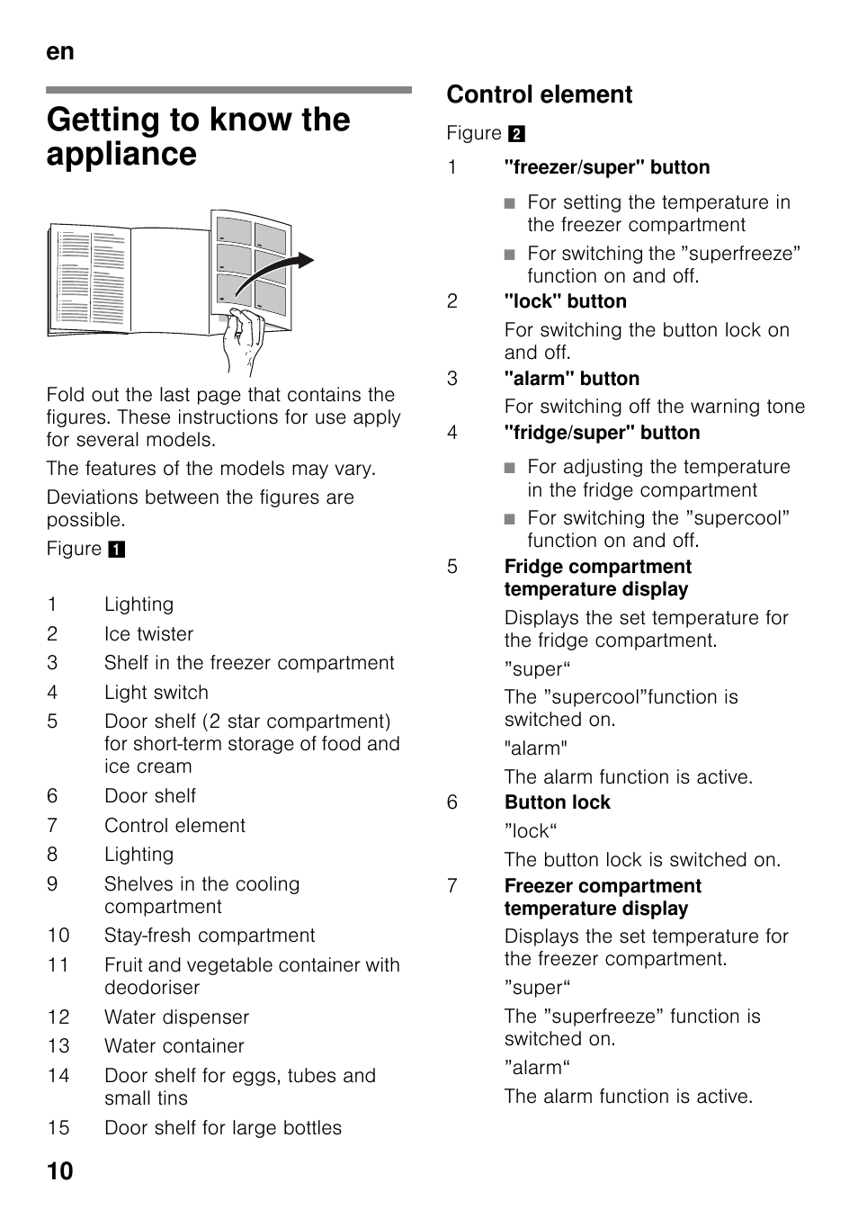 Getting to know the appliance, Control element, En 10 | Bosch KDD74AL20N Frigo-congelatore da libero posizionamento Inox look User Manual | Page 10 / 109