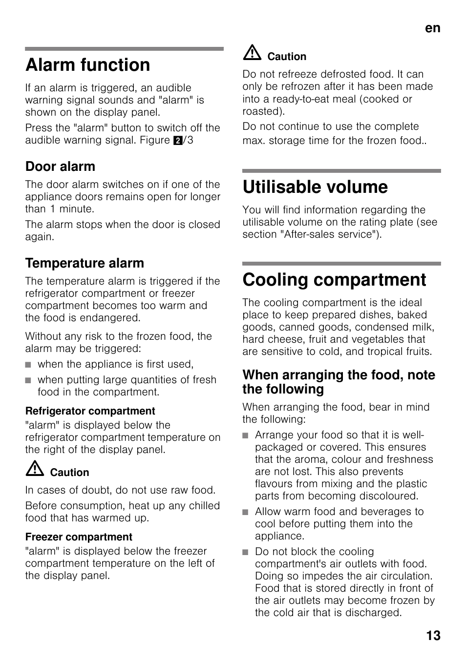 Alarm function, Door alarm, Temperature alarm | Refrigerator compartment, Freezer compartment, Utilisable volume, Cooling compartment, When arranging the food, note the following, En 13 | Bosch KDD74AL20N Frigo-congelatore da libero posizionamento Inox look User Manual | Page 13 / 109