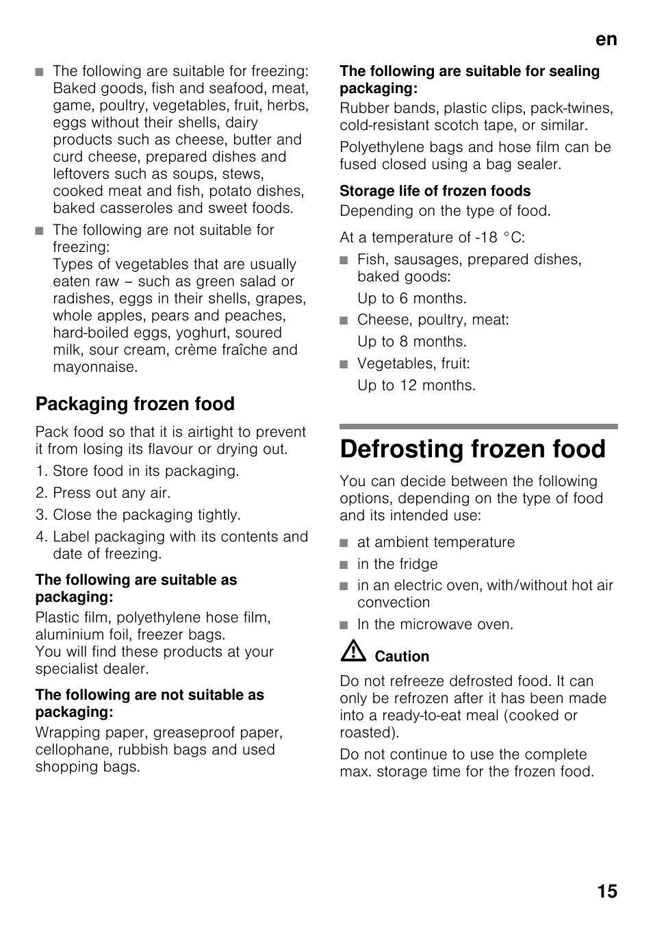 Packaging frozen food, The following are suitable as packaging, The following are not suitable as packaging | The following are suitable for sealing packaging, Storage life of frozen foods, Defrosting frozen food, En 15 | Bosch KDD74AL20N Frigo-congelatore da libero posizionamento Inox look User Manual | Page 15 / 109